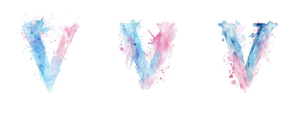 Ai Generated Art Watercolor Set of Multiple Different Pastel Pink and Blue Capital V Letters On a White Background - obrazy, fototapety, plakaty