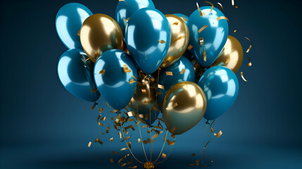 Blue balloons with golden confetti and ribbons. 3D rendering