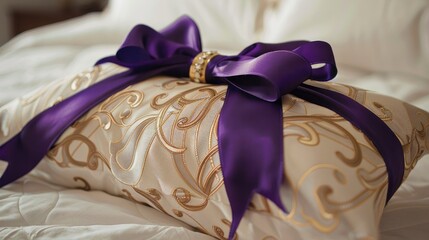 Decorative pillow adorned with golden wedding bands and purple ribbons