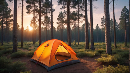 Adventures Camping tourism and tent under the view pine forest landscape near water outdoor in morning and sunset sky at Pang-ung, pine forest park , Mae Hong Son, Thailand. Concept Travel.
