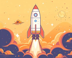 A cartoon rocket ship blasting off into space.