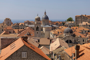 Fototapeta na wymiar Aerial view of Old Town (Stari Grad) from medieval city ​​wall by Adriatic Sea, Dubrovnik, Croatia