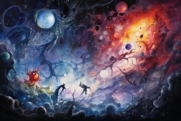 A space battle between human forces and alien invaders in the depths of space - obrazy, fototapety, plakaty