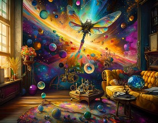 motyl ptak magiczny fantazja kolory złoto szklane kule ważka - obrazy, fototapety, plakaty