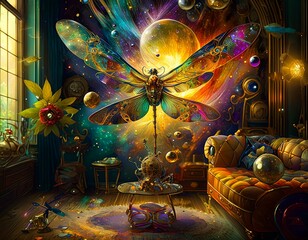 motyl ptak magiczny fantazja kolory złoto szklane kule ważka