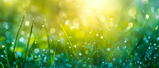 dew-kissed grass blades basking in radiant sunlight. Generative AI - obrazy, fototapety, plakaty