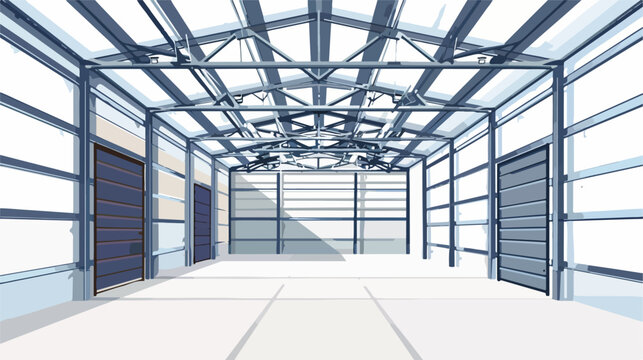 Horizontal image of an empty warehouse with a metal