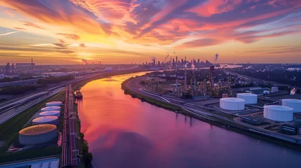Zelfklevend Fotobehang Stunning Industrial Sunset over River with City Skyline. Vibrant Colors Reflecting on Water. Scenic Urban Landscape. AI © Irina Ukrainets