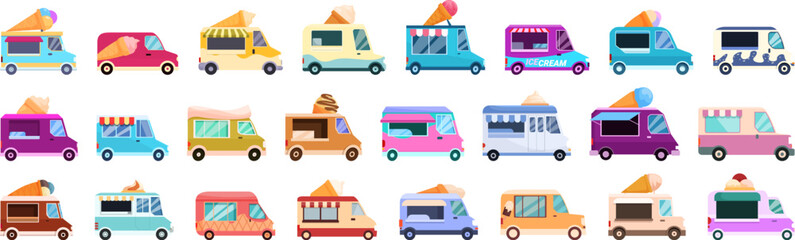 Ice cream truck icons set cartoon vector. Van roof dessert. Street food