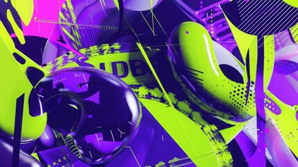 Neon green and purple abstract painting with shoes on purple background