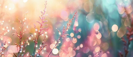 Banner with pink heather blossoms on shiny bokeh background. Generative AI - obrazy, fototapety, plakaty