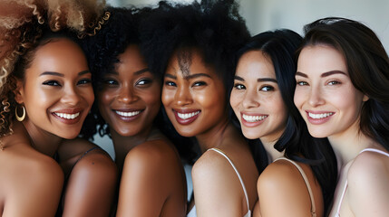 Fototapeta premium Beautiful smiling women with different skin and hair color are posing close to each other. Multicultural diversity