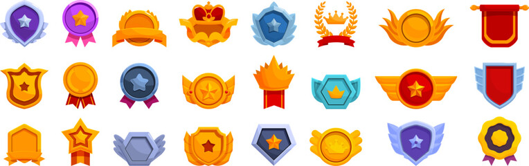 Royal trophy medal icons set cartoon vector. Shape badge. Star level rank - obrazy, fototapety, plakaty