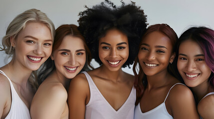 Beautiful smiling women with different skin and hair color are posing close to each other. Multicultural diversity