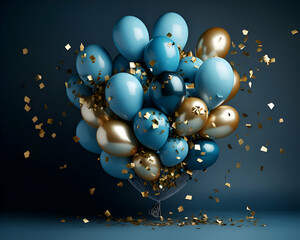 Blue balloons with golden confetti on dark background. 3d illustration