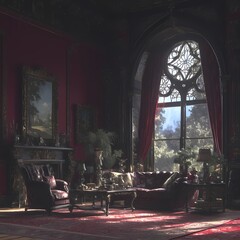 Victorian Elegance: Intricate Red and Gold Interior with Antiques