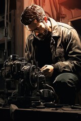 A specialist is working on a machine in a factory, specifically replacing the water pump. The man is focused and skilled in his task, surrounded by industrial tools and equipment - obrazy, fototapety, plakaty