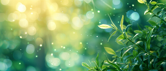 Fresh Green Plant with Dewdrops on a Bokeh Light Background. Banner with copy space. Generative AI - obrazy, fototapety, plakaty