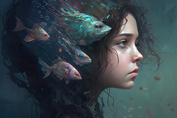 Digital Painting of Woman with Fish on Head - Underwater Face for Children's Art