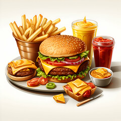Hamburger and french fries with sauces. Realistic  illustration.