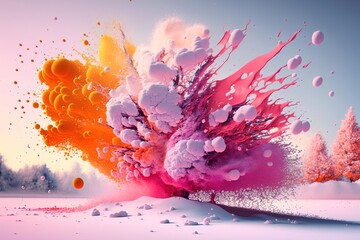 Colorful Pink and Orange Snow Explosion - Forest Painting