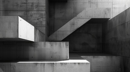 A blackandwhite photo of a concrete staircase in a building