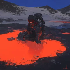 Keuken foto achterwand An astronaut encounters an extraterrestrial landscape with a striking red lake. © RobertGabriel