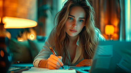 una joven empresaria trabajando en una habitación de hotel, escribiendo notas mientras utiliza su portátil. - obrazy, fototapety, plakaty