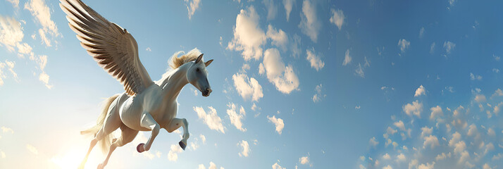 A unicorn Majestic Pegasus horse flying high above the clouds Flight of the Pegasus . A white horse with wings flying in the sky. 
 - obrazy, fototapety, plakaty
