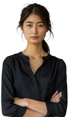 Asiatic woman, businesswoman with a sober smile, formal wear, confidence, successful, with her arms crossed Isolated on transparent white background