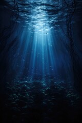 A dark underwater scene illuminated only by the light transmission through a submarine fiber optic cable