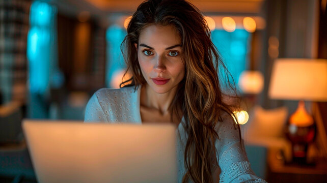 una mujer de negocios absorta en su trabajo sentada en un escritorio o en un c&oacute;modo sill&oacute;n de una habitaci&oacute;n de hotel. 