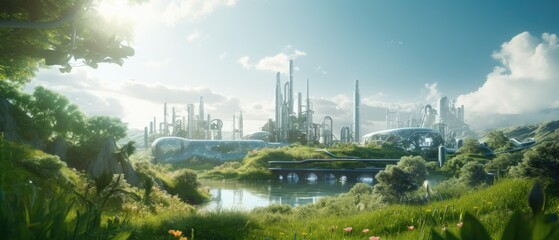 An eco-friendly pharmaceutical plant where solar energy powers the production of drugs, set in a lush green environment