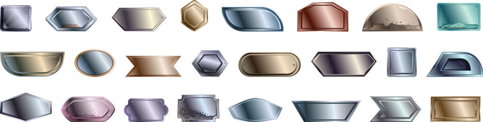 Steel metal tag plate icons set cartoon vector. Iron panel. Label kit badge