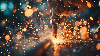A man in a blue jumpsuit is working with a welding torch. Concept of danger and risk, as the sparks and heat from the torch can cause serious injury if not handled properly - obrazy, fototapety, plakaty