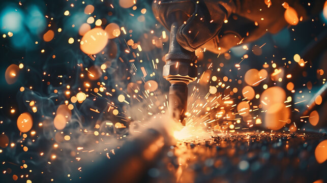 A man in a blue jumpsuit is working with a welding torch. Concept of danger and risk, as the sparks and heat from the torch can cause serious injury if not handled properly