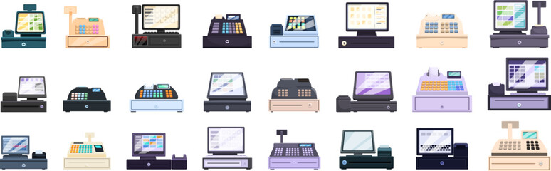 Cashier machine icons set cartoon vector. Small payment. Terminal scanner
