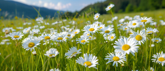 Banner with Lush Green Meadow with Daisies under a Sunny Blue Sky with Fluffy Clouds. Generative AI