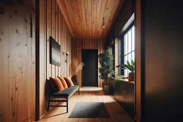 a wooden bench in a hallway with a plant, wooden interior, elegant interior, modern interior design