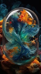 Mesmerizing dance of colorful smoke encapsulated within clear, oval-shaped glass. Vibrant hues of blue, green, yellow, red intertwine, swirl gracefully, creating ethereal atmosphere.