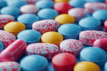 A collection of different textured and colored pills close up, symbolizing medical diversity and personalized healthcare options