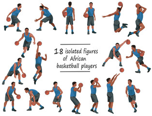 18 black basketball players in blue jersey standing, running, jumping, throwing, shooting, passing the ball