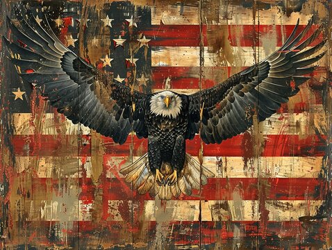 A visually striking portrayal of a bald eagle, wings spread wide in a display of power, superimposed over a distressed American flag that symbolizes endurance and history 