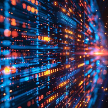 An abstract digital background with binary code and AI algorithms running in the background