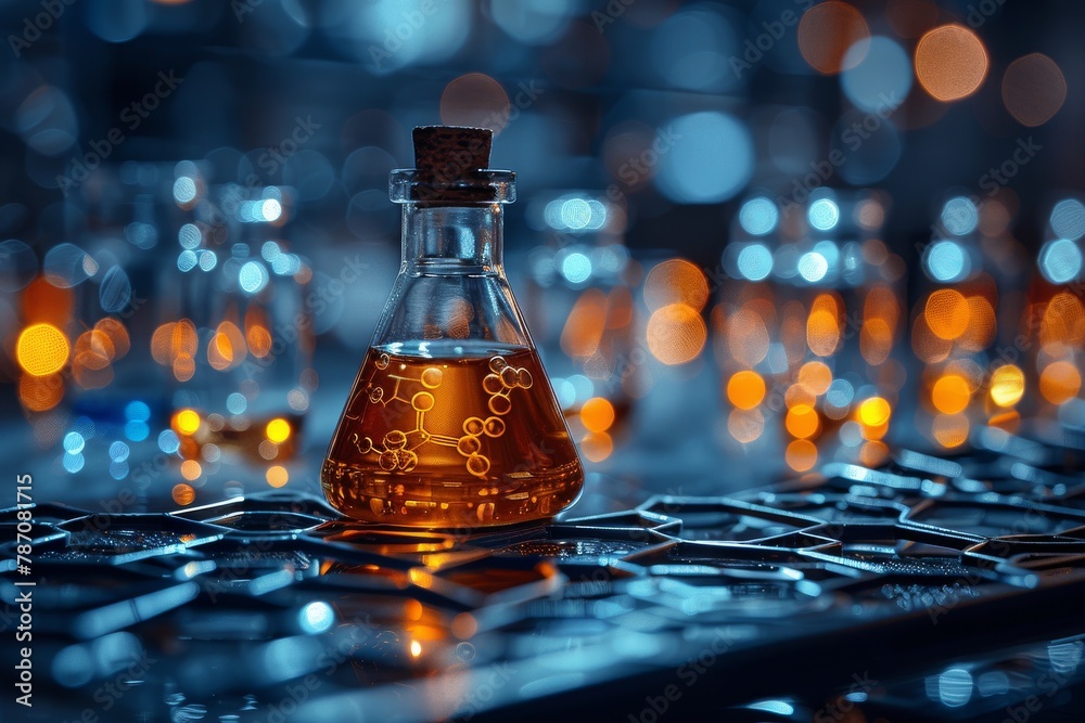 Poster a luminous science-themed image featuring a flask with a molecular structure on a hexagonal pattern 