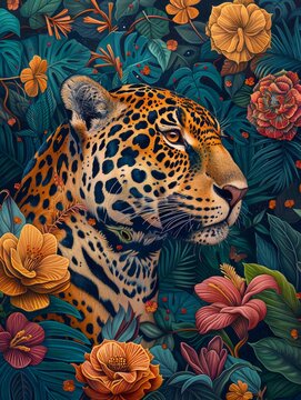 Brazilian fauna and flora, two characters, a jaguar and a blue macaw covered in flowers by harryfinney, 