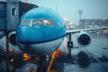 Close-up of a blue airplane's nose section docked at the gate on a rainy evening at the airport,...