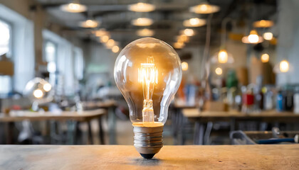 Light Bulb on Wooden Table. Generative AI