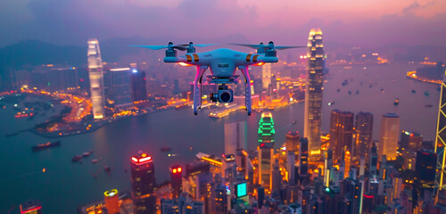 drone equipped with high-resolution cameras capturing breathtaking aerial footage of a modern metropolis