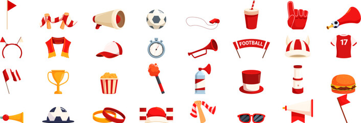 Naklejka premium Competition match attributes icons set cartoon vector. Sport team. Game fan
